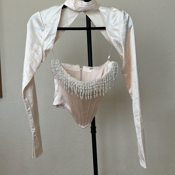 HOUSE OF CB 'Aubrie' Vintage Cream Embellished Satin Corset With Sleeve NWOT S - Picture 6 of 14